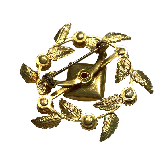 Vintage Mid Century Brooch Gold & Peach Moonglow Beads Floral Vines Wreath Pin - Picture 5 of 7